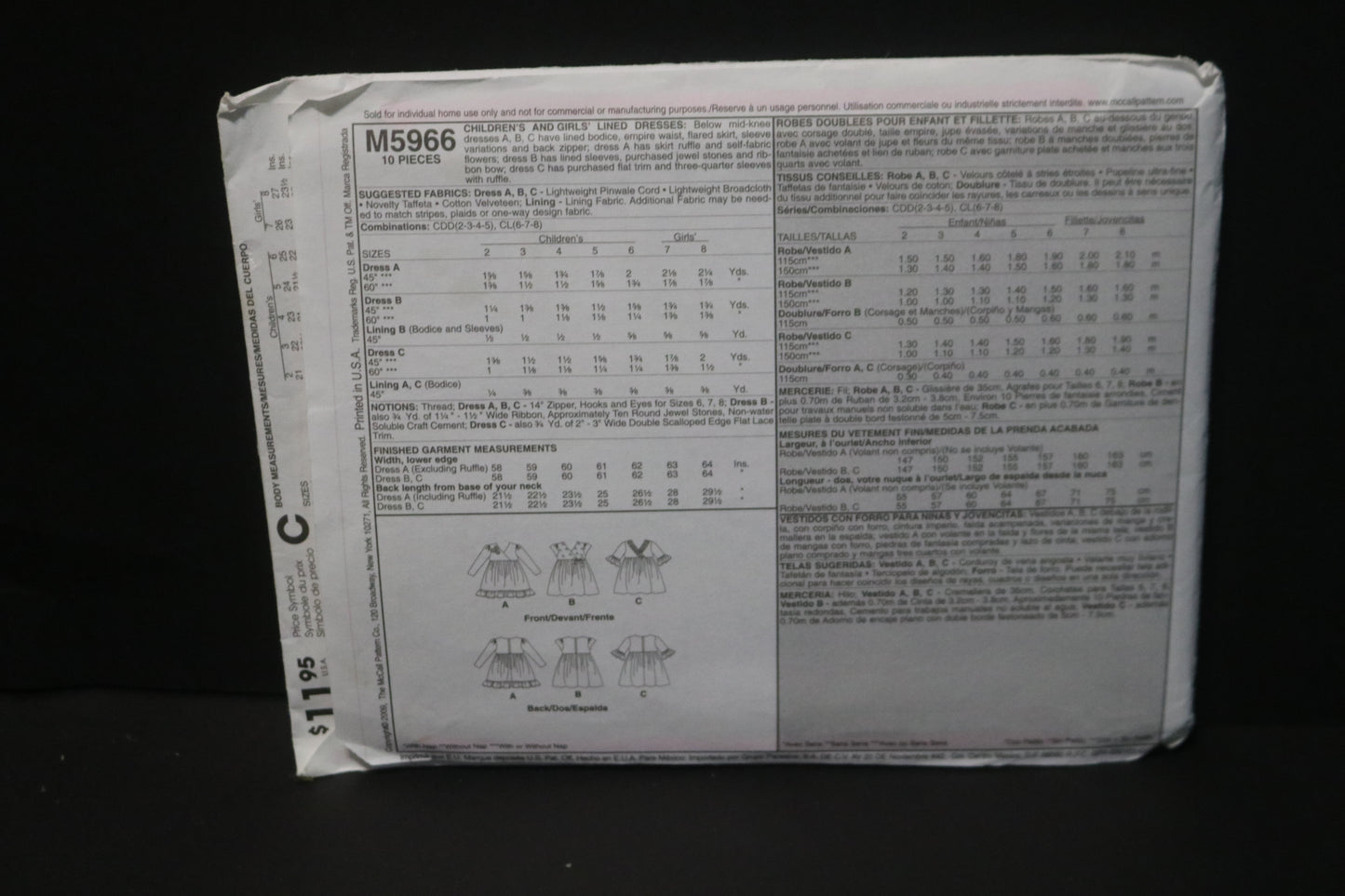 McCalls 5966 Children's Girls Lined Dresses Sewing Pattern UNCUT Size 6 7 8