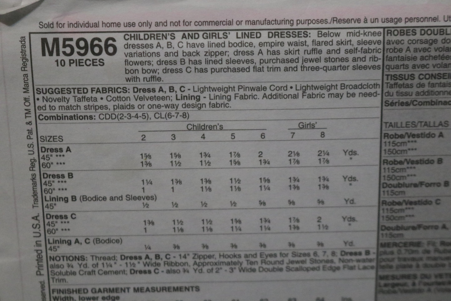 McCalls 5966 Children's Girls Lined Dresses Sewing Pattern UNCUT Size 6 7 8