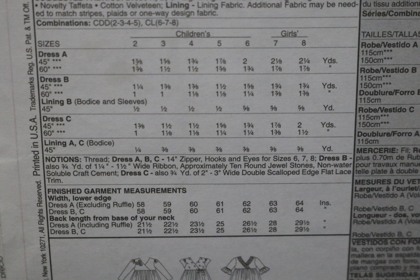 McCalls 5966 Children's Girls Lined Dresses Sewing Pattern UNCUT Size 6 7 8