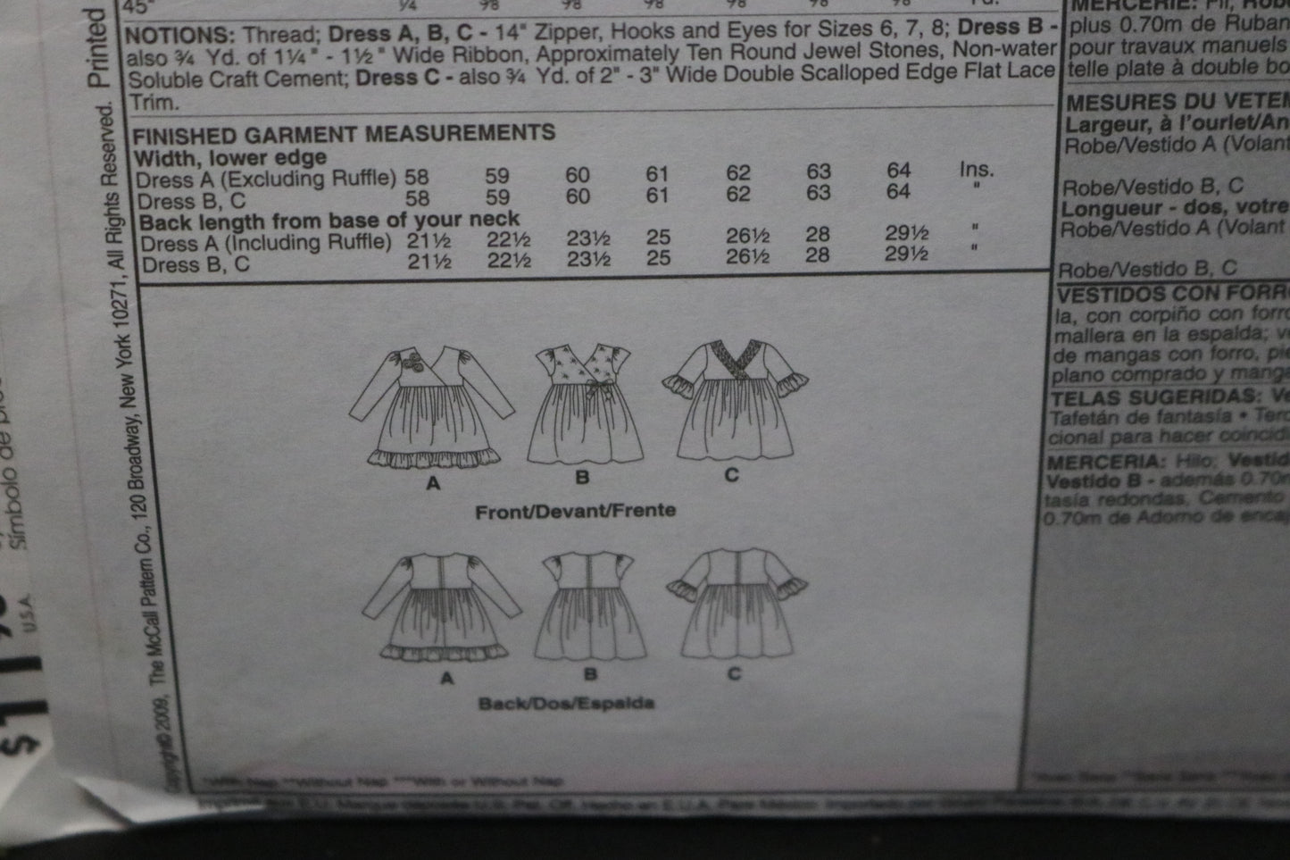 McCalls 5966 Children's Girls Lined Dresses Sewing Pattern UNCUT Size 6 7 8