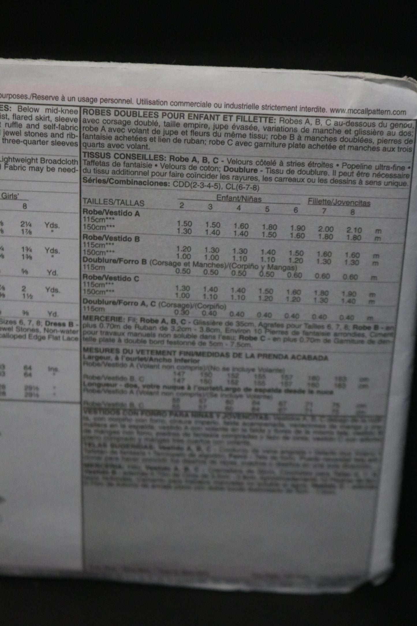 McCalls 5966 Children's Girls Lined Dresses Sewing Pattern UNCUT Size 6 7 8