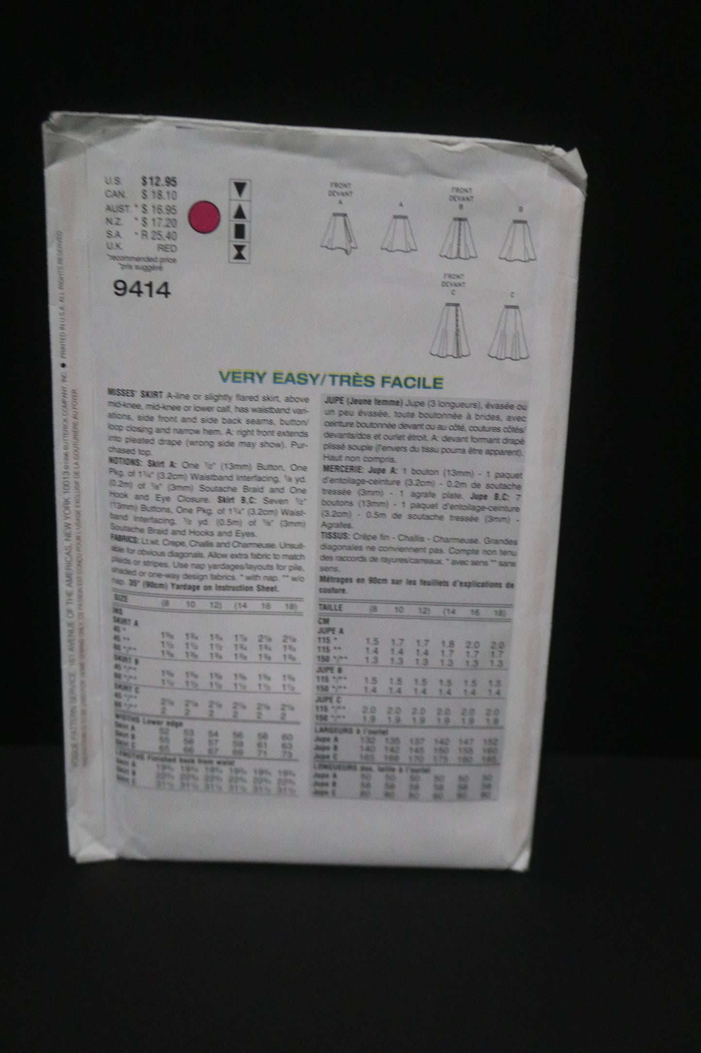 Vogue 9414 Misses Skirt Sewing Pattern - UNCUT -  Size 8 10 12