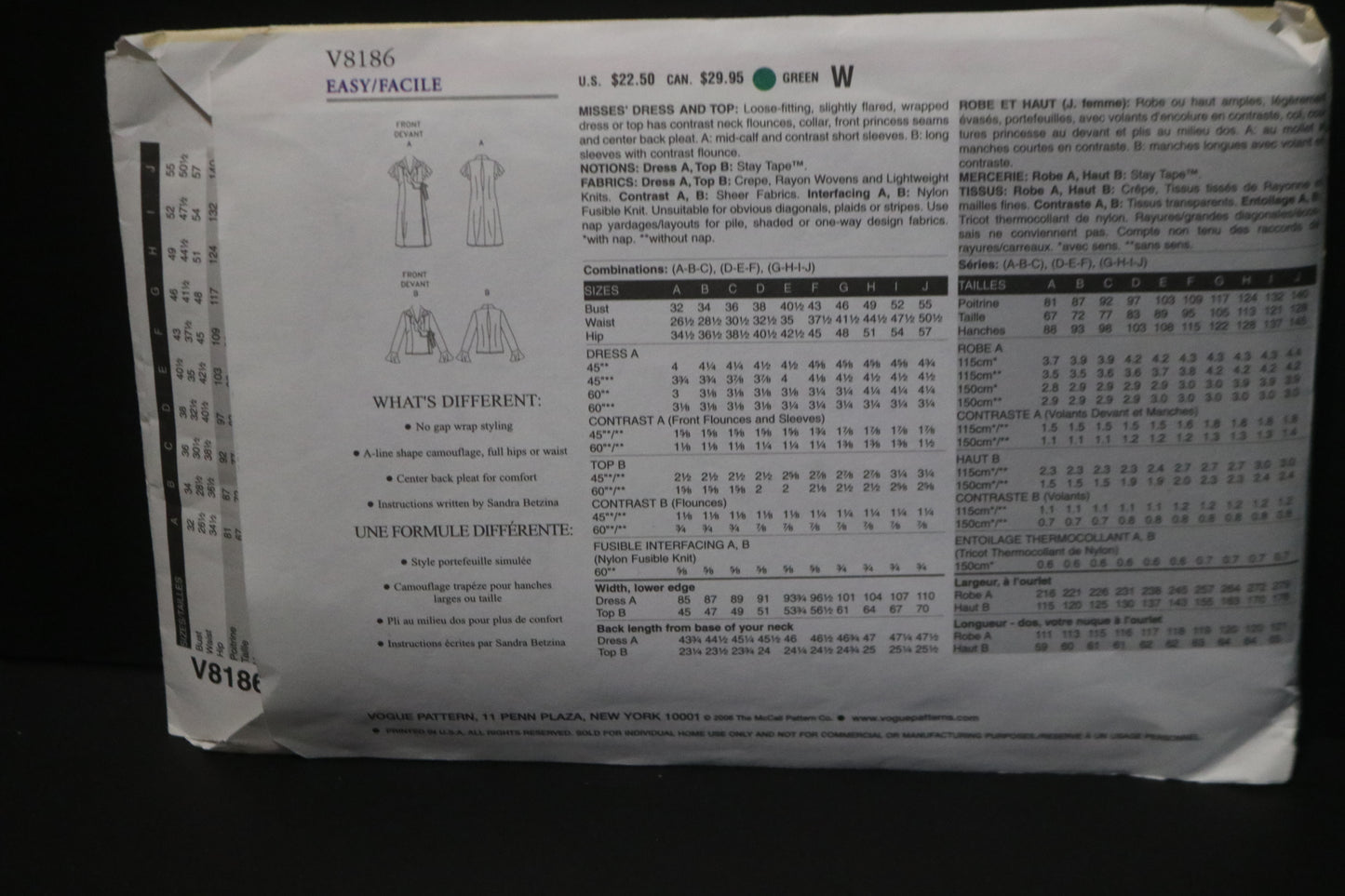 Vogue 8186 Sandra Betzina Misses Dress or Top Sewing Pattern - UNCUT - Size G H I J