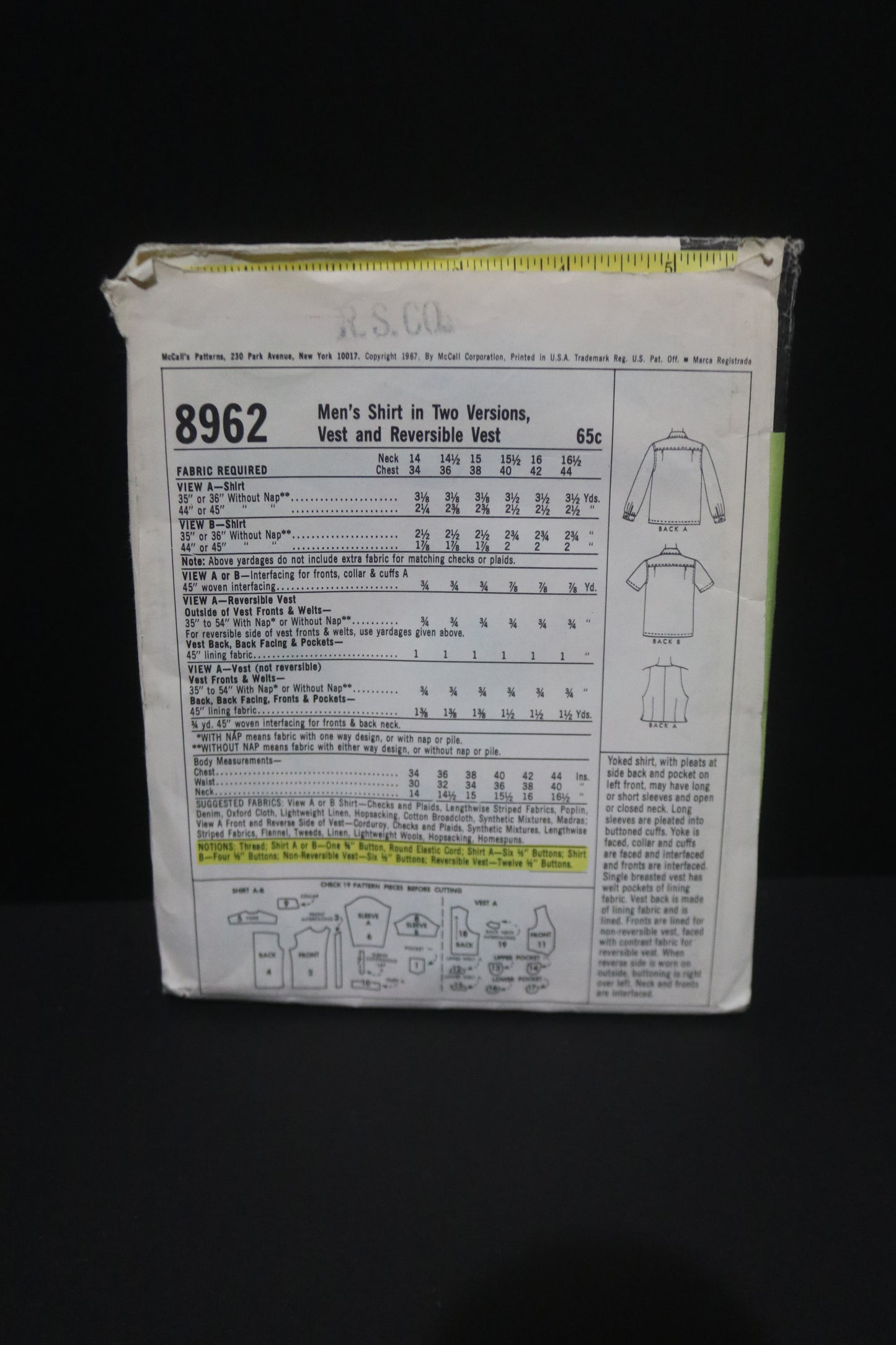 McCalls 8962 Mens Shirt in Two Versions, Vest and Reversible Vest Sewing Pattern - UNCUT Chest Size 40 Neck 15 1/2