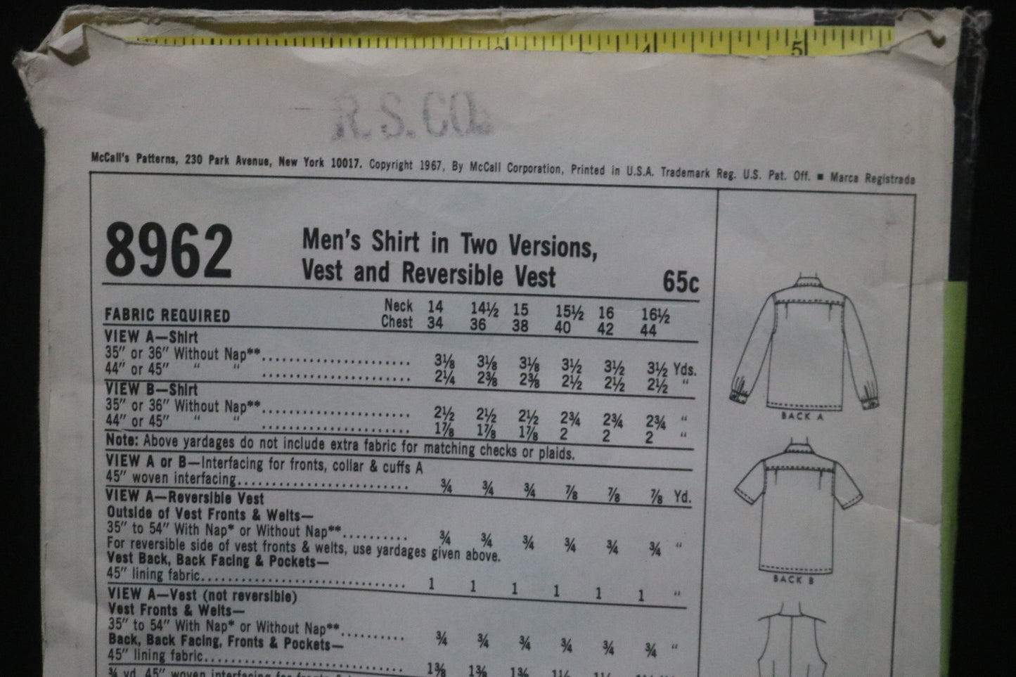 McCalls 8962 Mens Shirt in Two Versions, Vest and Reversible Vest Sewing Pattern - UNCUT Chest Size 40 Neck 15 1/2