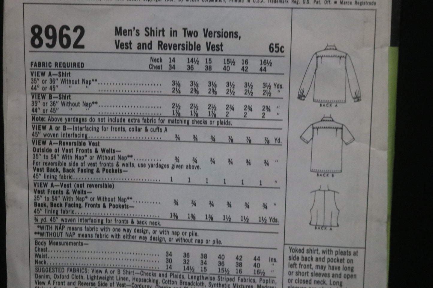 McCalls 8962 Mens Shirt in Two Versions, Vest and Reversible Vest Sewing Pattern - UNCUT Chest Size 40 Neck 15 1/2