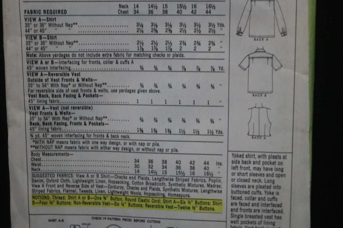 McCalls 8962 Mens Shirt in Two Versions, Vest and Reversible Vest Sewing Pattern - UNCUT Chest Size 40 Neck 15 1/2