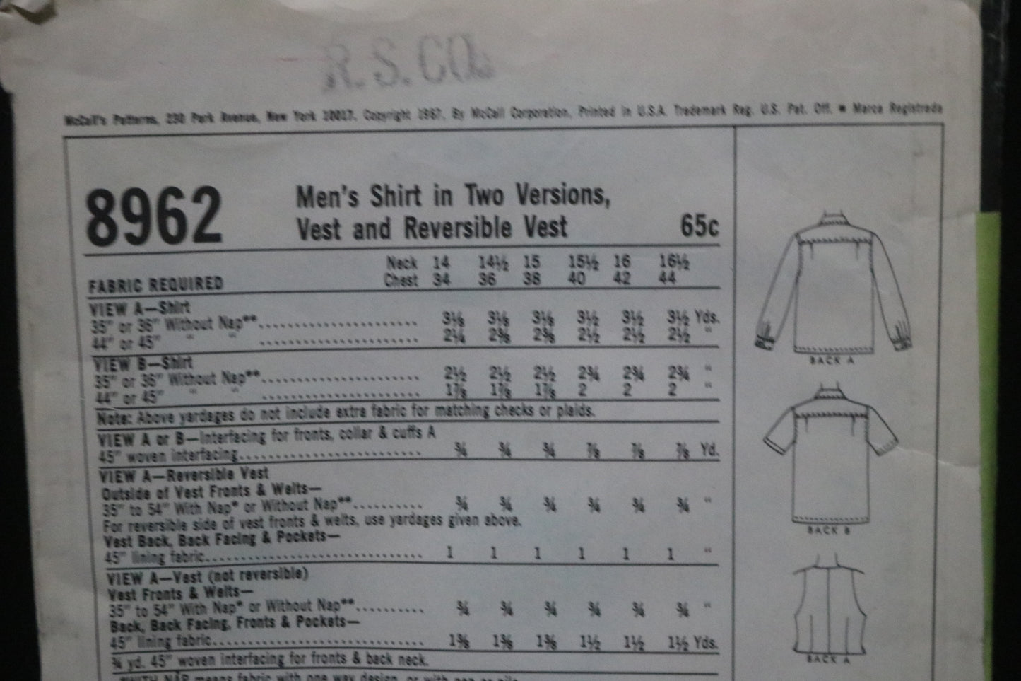 McCalls 8962 Mens Shirt in Two Versions, Vest and Reversible Vest Sewing Pattern - UNCUT Chest Size 40 Neck 15 1/2