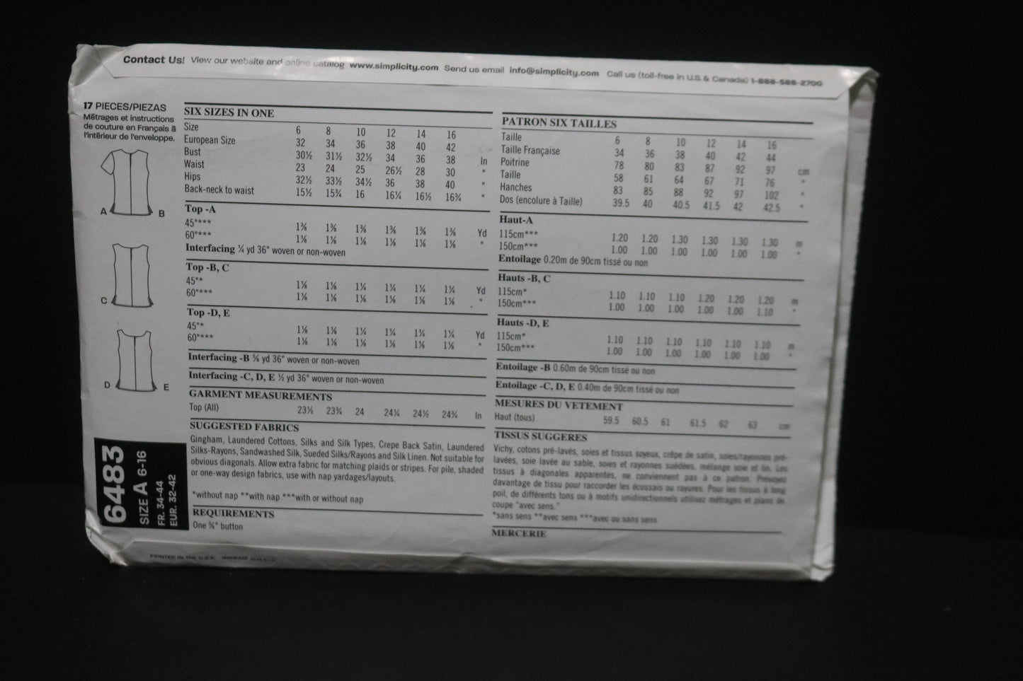 New Look 6483 Misses Tops Sewing Pattern - UNCUT - Size 6 - 16