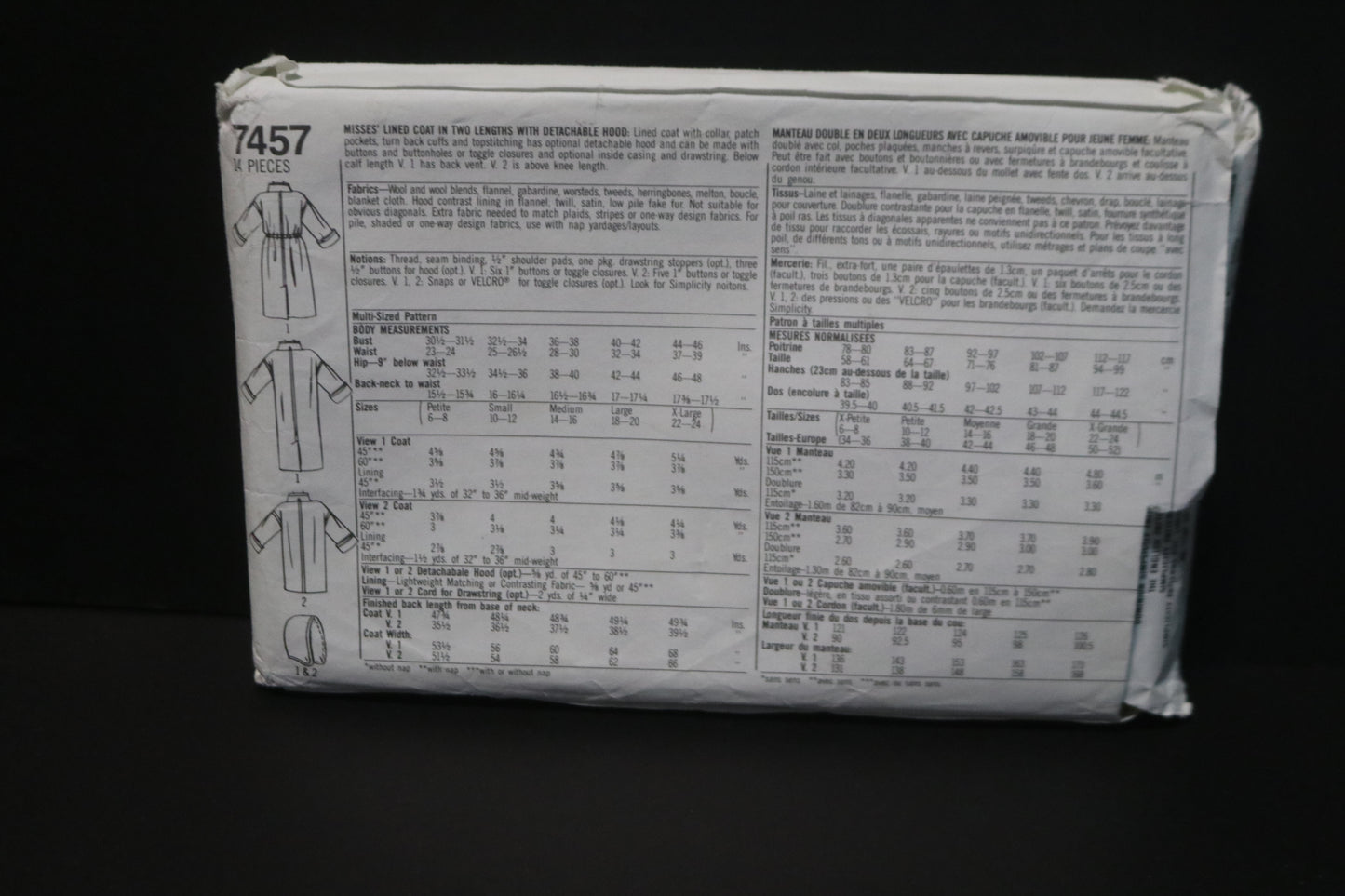 Simplicity 7457 Misses Lined Coat in Two Lengths with Detachable Hood Sewing Pattern - UNCUT - Size Pt - XL