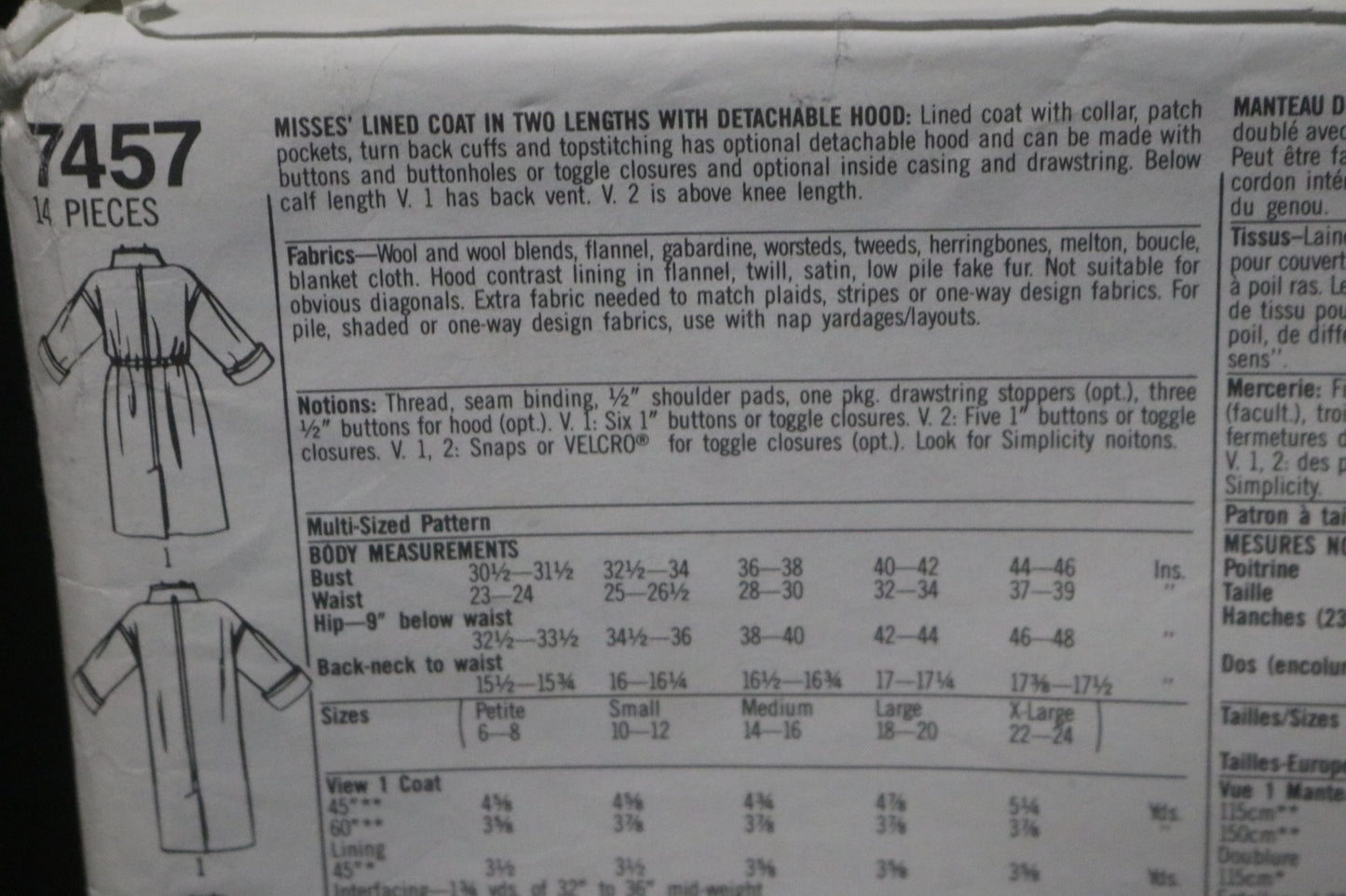 Simplicity 7457 Misses Lined Coat in Two Lengths with Detachable Hood Sewing Pattern - UNCUT - Size Pt - XL
