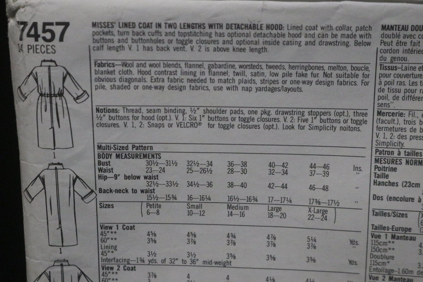 Simplicity 7457 Misses Lined Coat in Two Lengths with Detachable Hood Sewing Pattern - UNCUT - Size Pt - XL