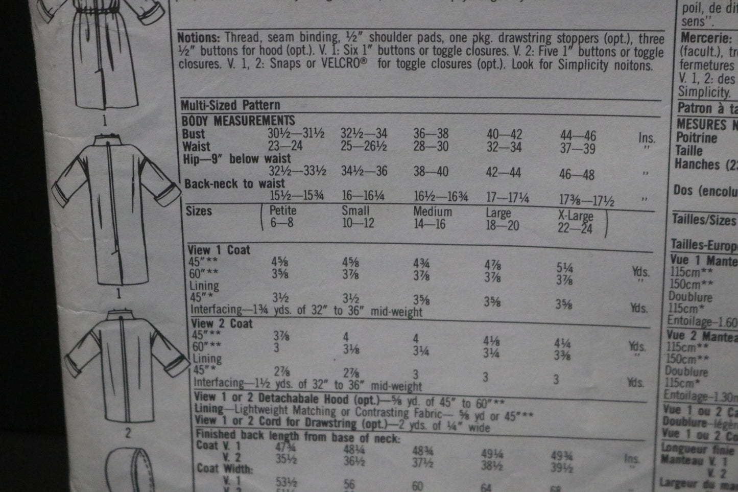 Simplicity 7457 Misses Lined Coat in Two Lengths with Detachable Hood Sewing Pattern - UNCUT - Size Pt - XL