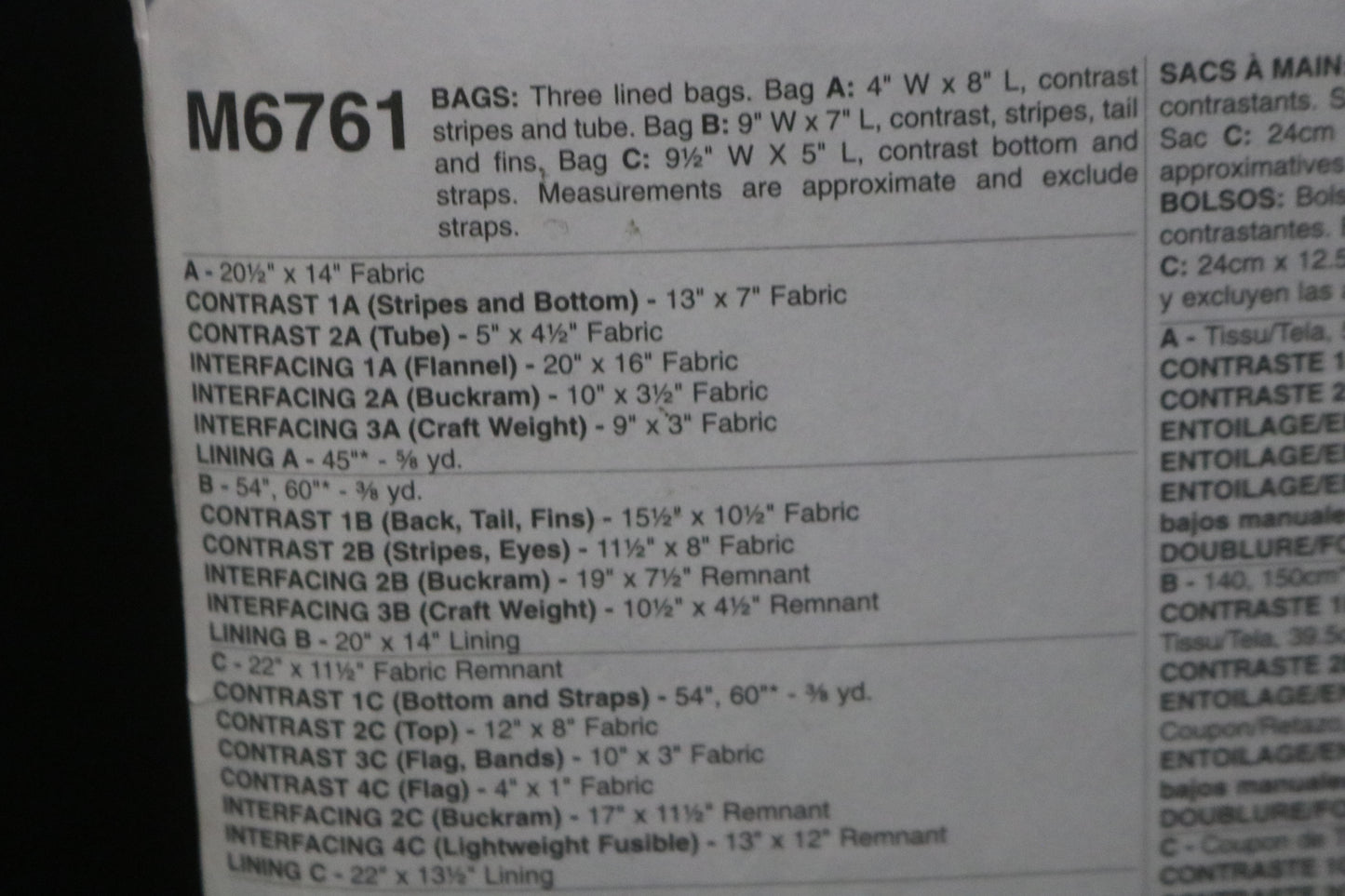 McCalls 6761 Bags Sewing Pattern UNCUT