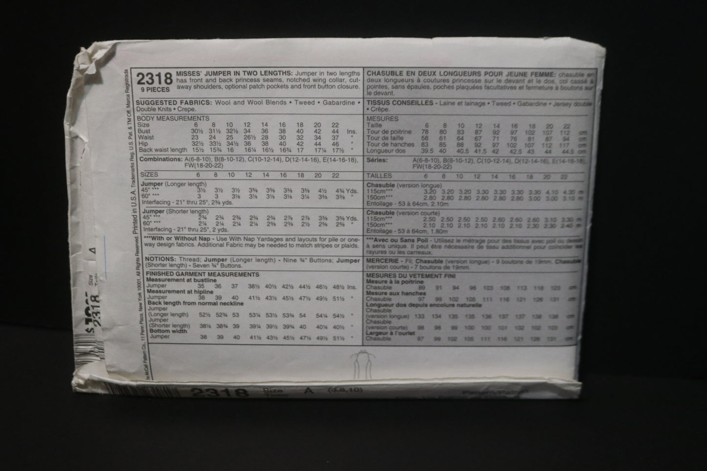 McCalls 2318 Misses Jumper Sewing Pattern - UNCUT - Size 6 8 10