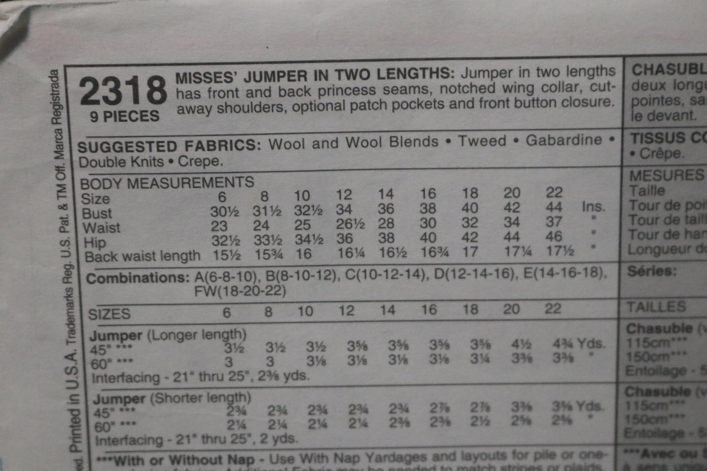 McCalls 2318 Misses Jumper Sewing Pattern - UNCUT - Size 6 8 10