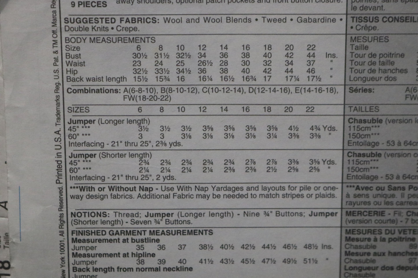 McCalls 2318 Misses Jumper Sewing Pattern - UNCUT - Size 6 8 10