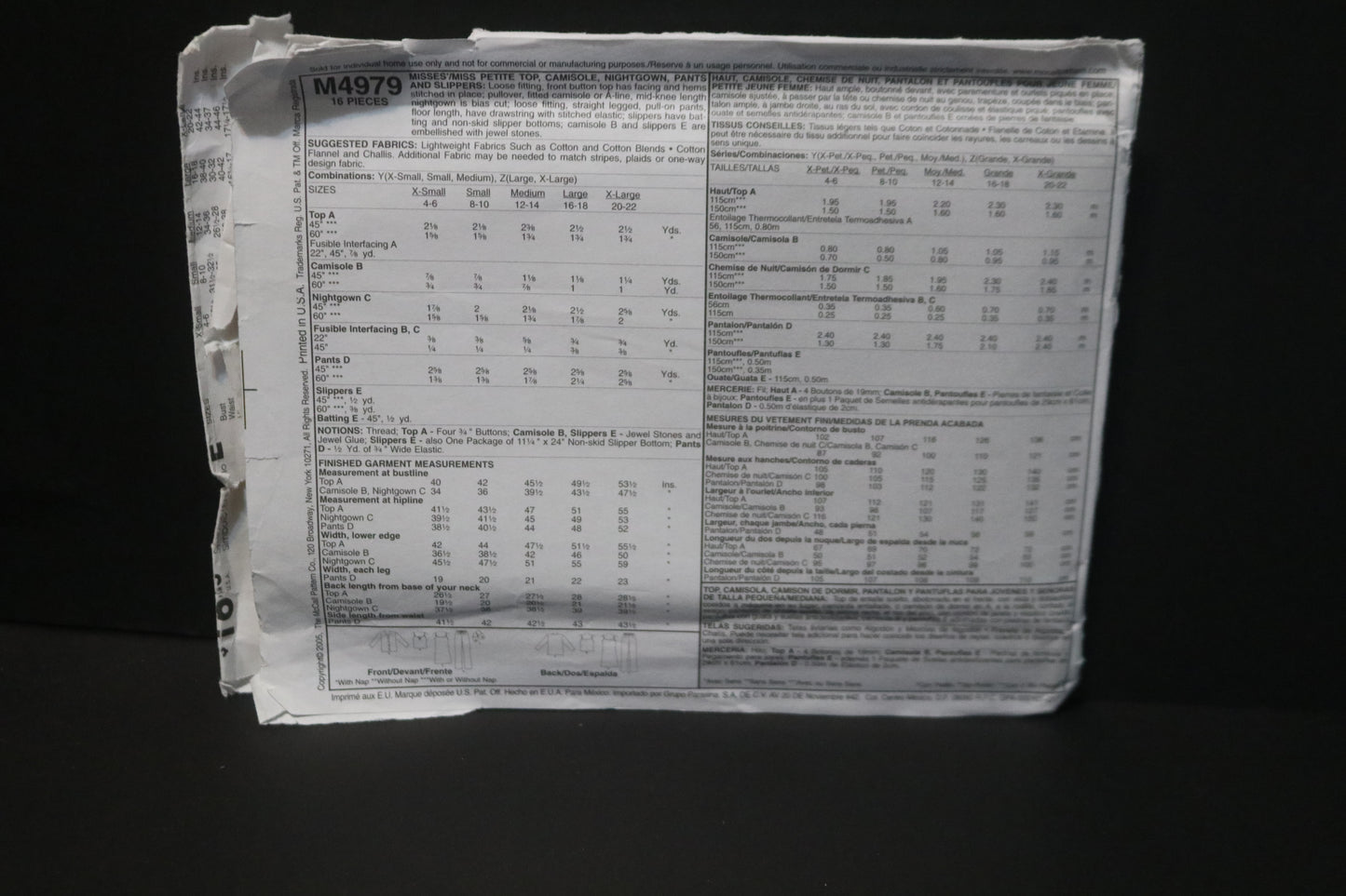 McCalls 4979 Misses / Miss Petite Top Camisole, Nightgown, Pants and Slippers Sewing Pattern UNCUT Size Xsm Sml Med