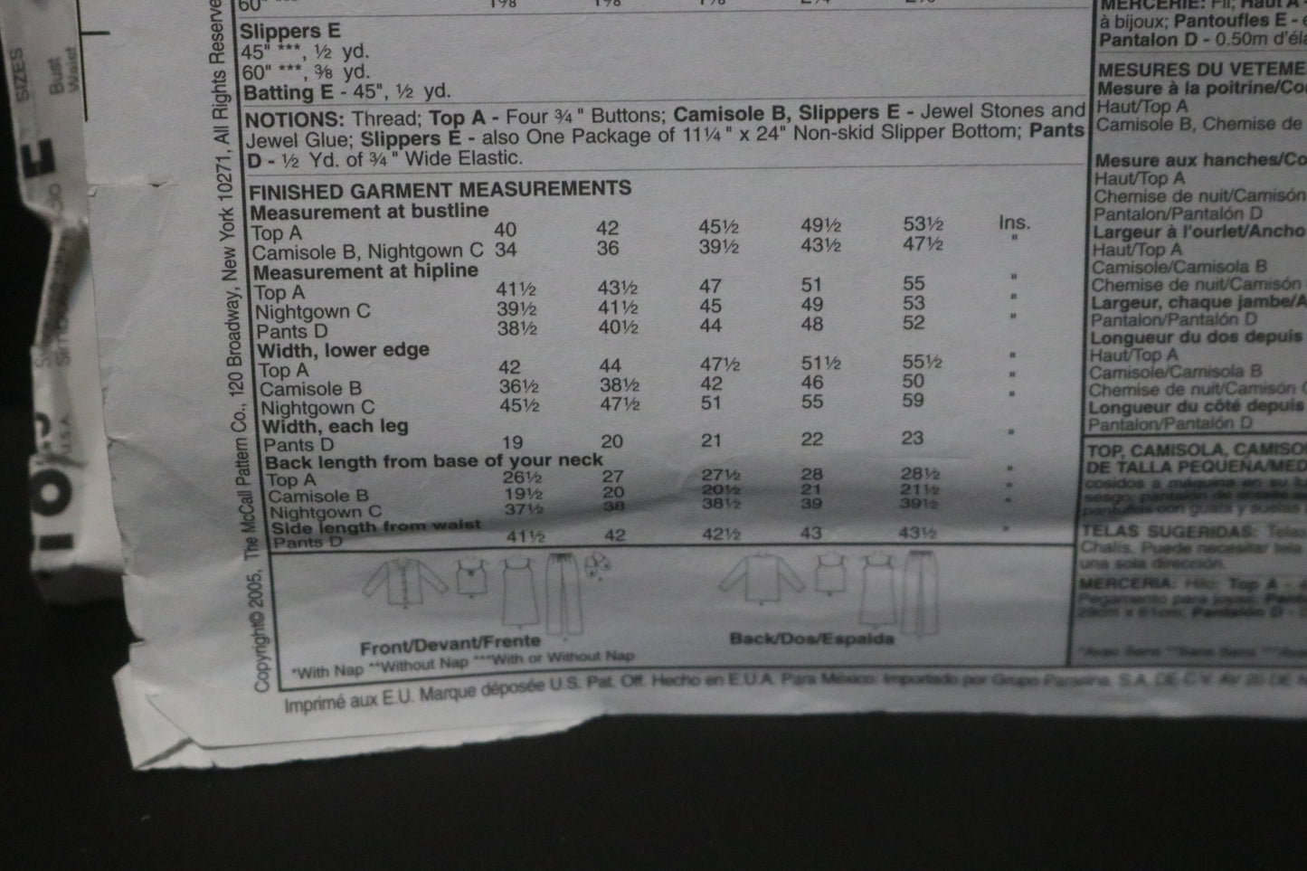 McCalls 4979 Misses / Miss Petite Top Camisole, Nightgown, Pants and Slippers Sewing Pattern UNCUT Size Xsm Sml Med