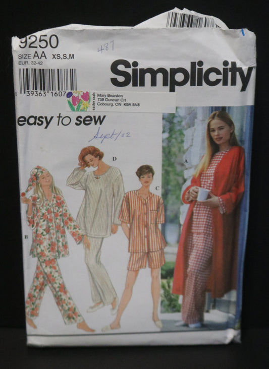 Simplicity 9250 Misses Sleepwear Sewing Pattern - UNCUT - Size Xs S M