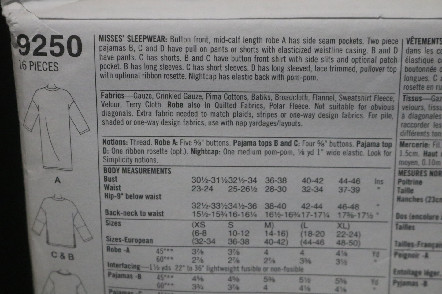 Simplicity 9250 Misses Sleepwear Sewing Pattern - UNCUT - Size Xs S M