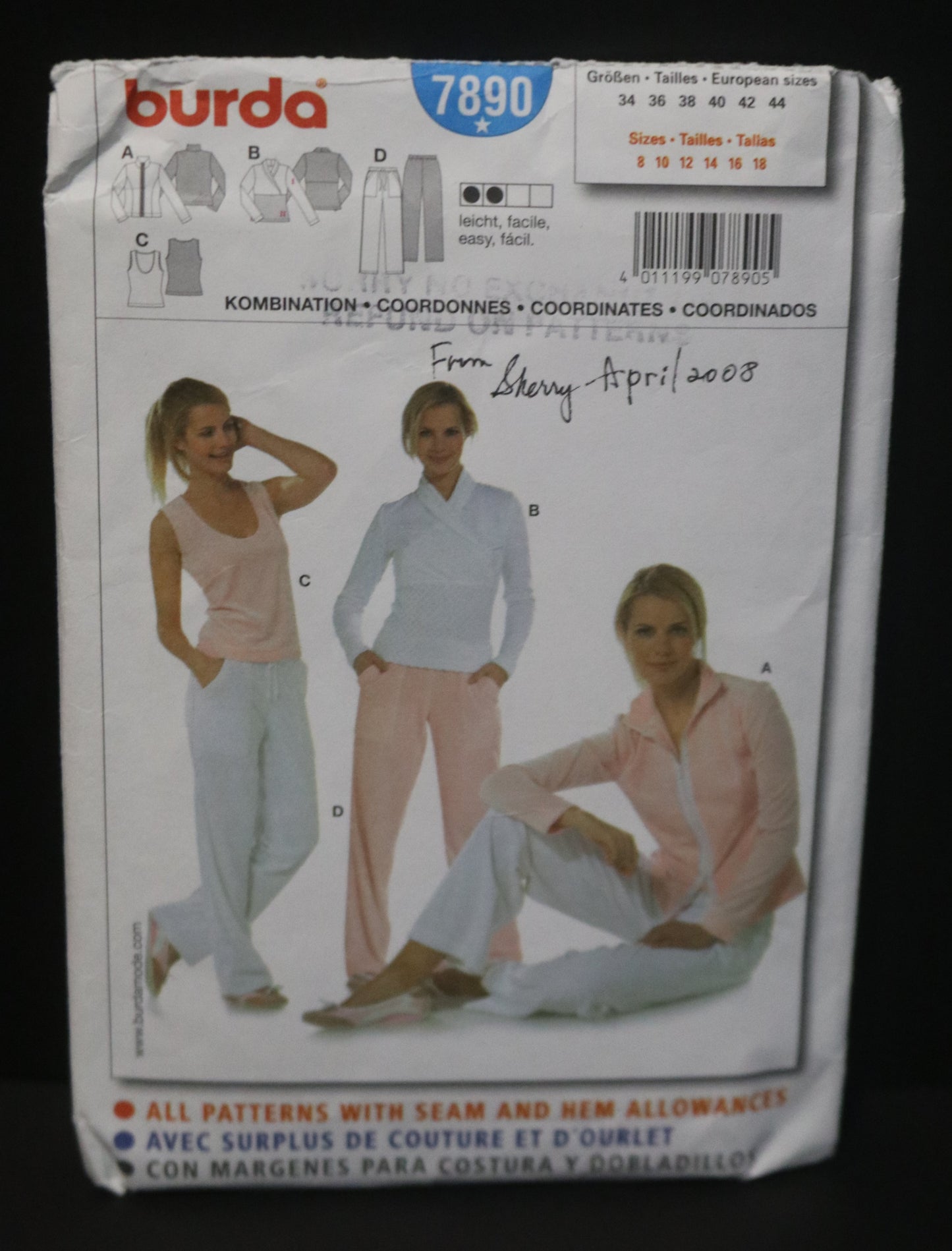 Burda 7890 Misses Jacket, Top and Pants Sewing Pattern - UNCUT - Size 8 10 12 14 16 18