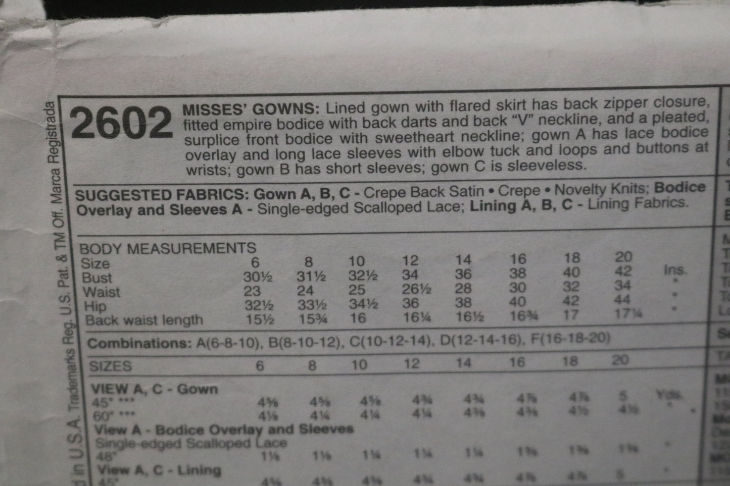 McCalls 2602 Alicyn Misses Gowns Sewing Pattern - UNCUT - Size 6 8 10