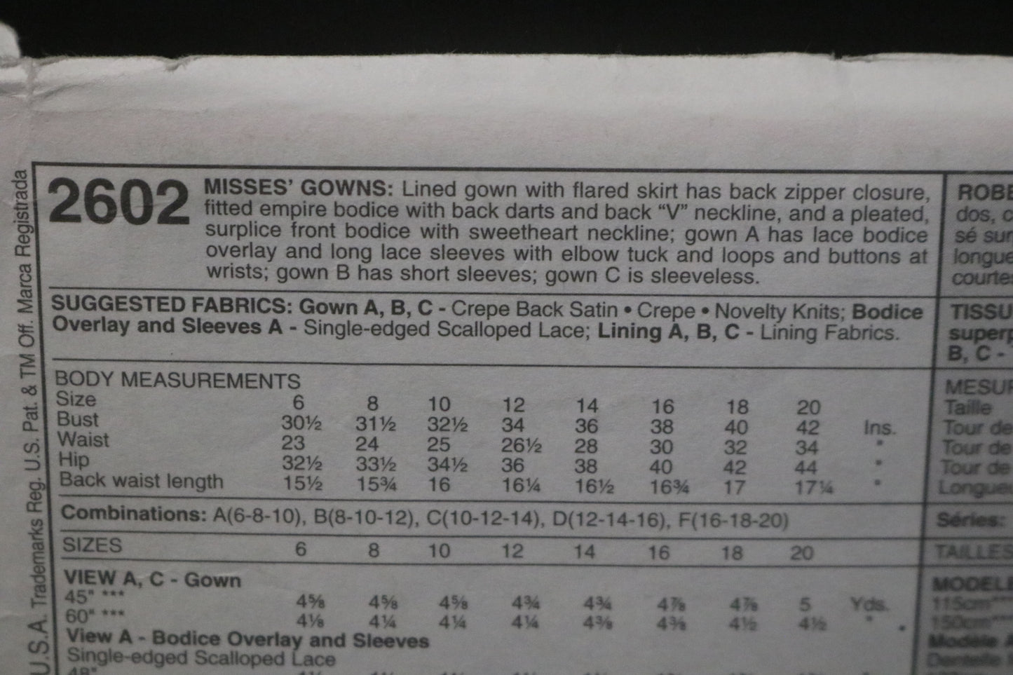 McCalls 2602 Alicyn Misses Gowns Sewing Pattern - UNCUT - Size 6 8 10
