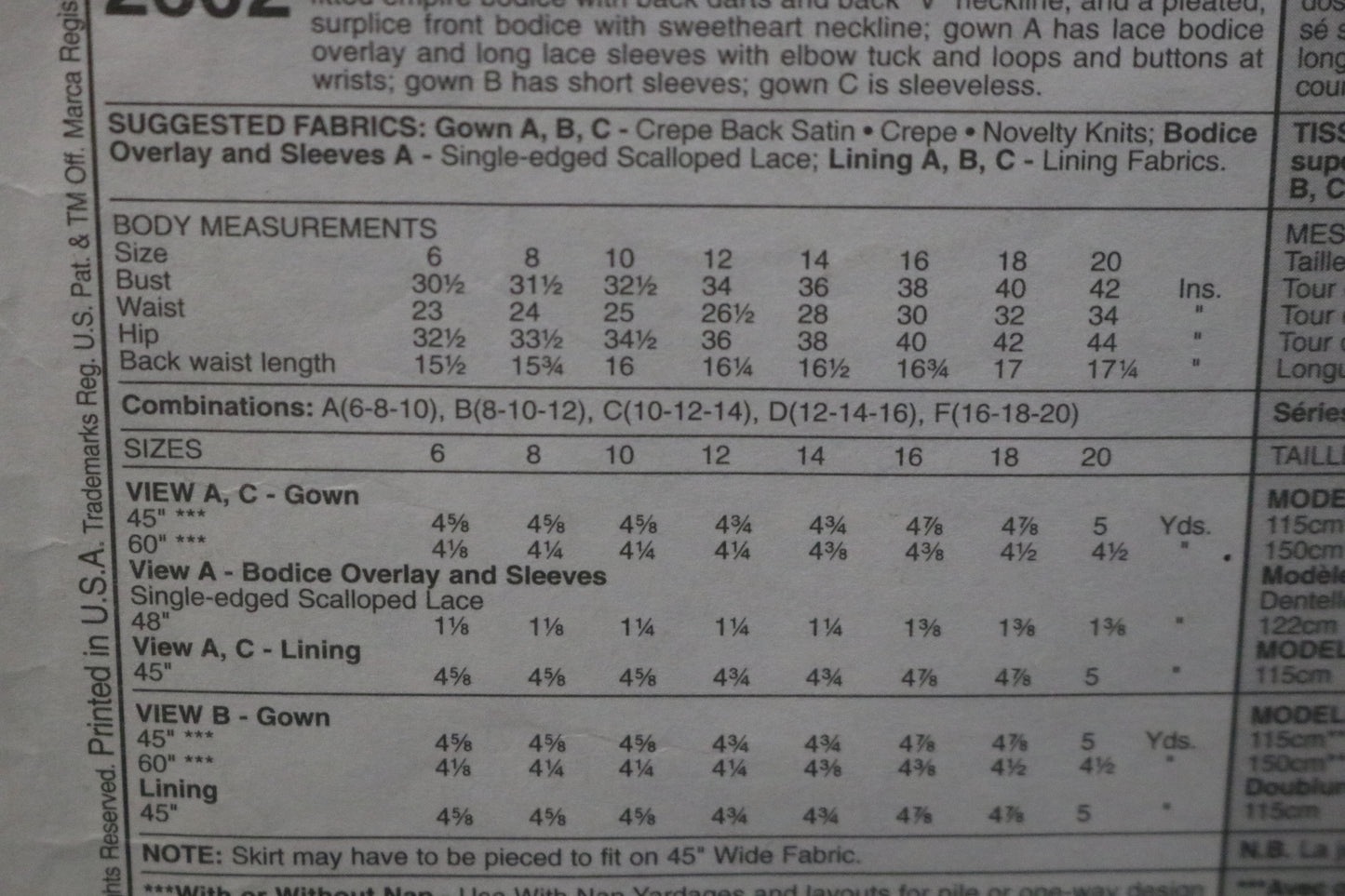 McCalls 2602 Alicyn Misses Gowns Sewing Pattern - UNCUT - Size 6 8 10