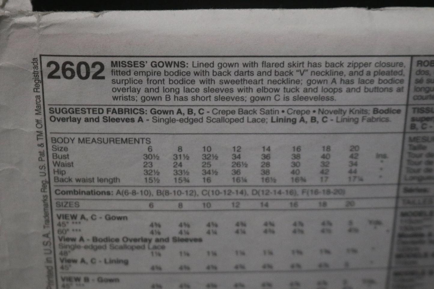 McCalls 2602 Alicyn Misses Gowns Sewing Pattern - UNCUT - Size 6 8 10