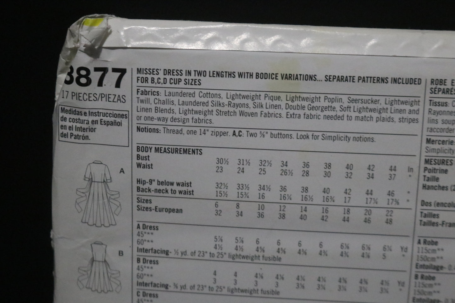 Simplicity  3877 Threads Misses Dress in Two lengths with bodice Variations - UNCUT - Size 6 8 10 12 14