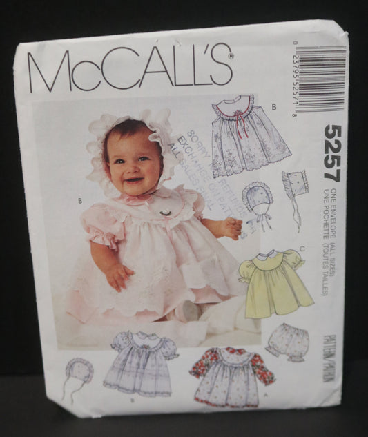 McCalls 5257 Infants Pinafore Dress, Panty and Bonnet Sewing Pattern - UNCUT - Size Nb S M