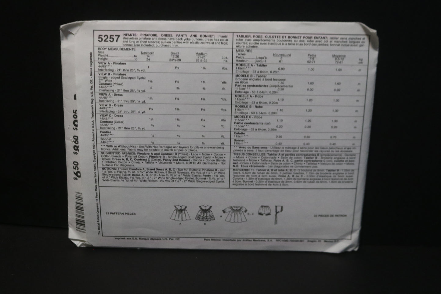 McCalls 5257 Infants Pinafore Dress, Panty and Bonnet Sewing Pattern - UNCUT - Size Nb S M