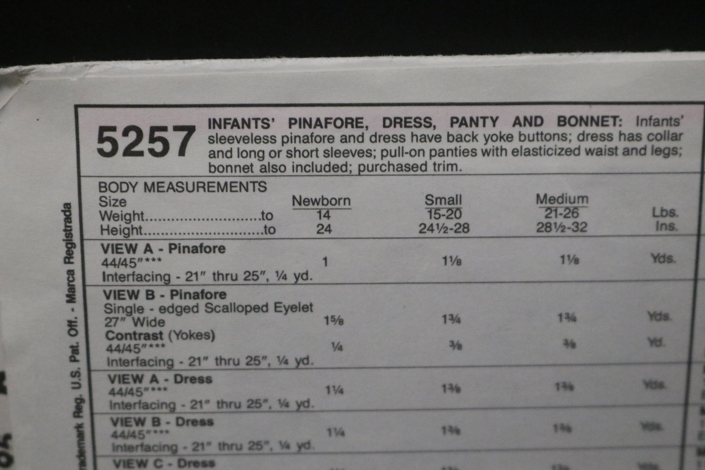McCalls 5257 Infants Pinafore Dress, Panty and Bonnet Sewing Pattern - UNCUT - Size Nb S M
