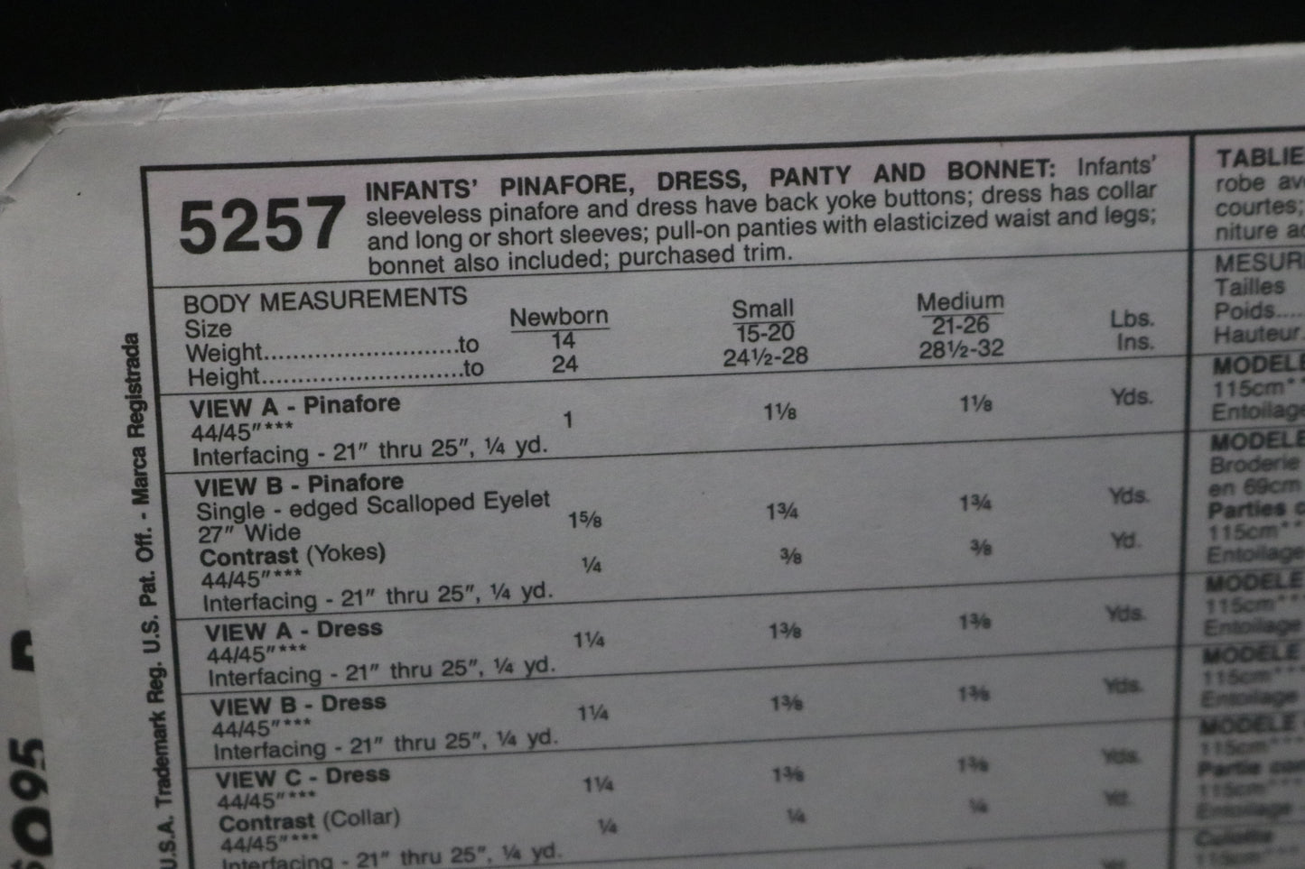 McCalls 5257 Infants Pinafore Dress, Panty and Bonnet Sewing Pattern - UNCUT - Size Nb S M