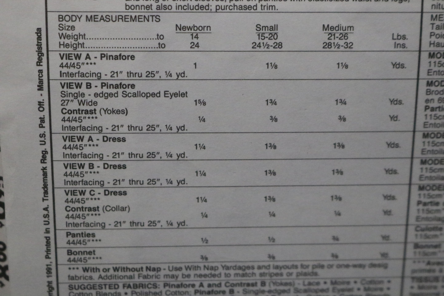 McCalls 5257 Infants Pinafore Dress, Panty and Bonnet Sewing Pattern - UNCUT - Size Nb S M