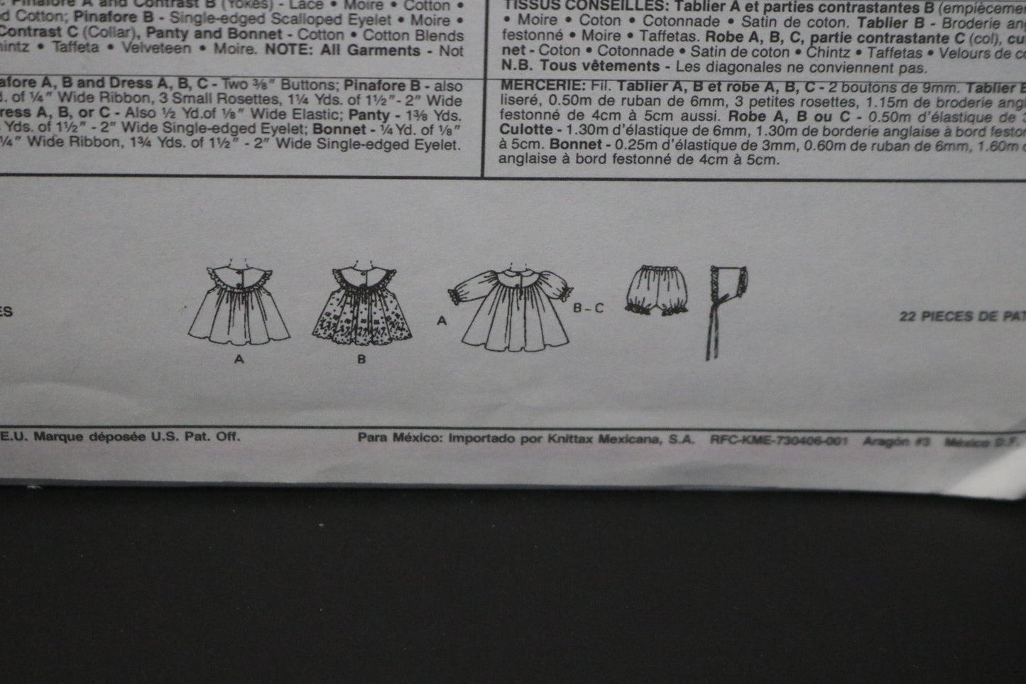 McCalls 5257 Infants Pinafore Dress, Panty and Bonnet Sewing Pattern - UNCUT - Size Nb S M