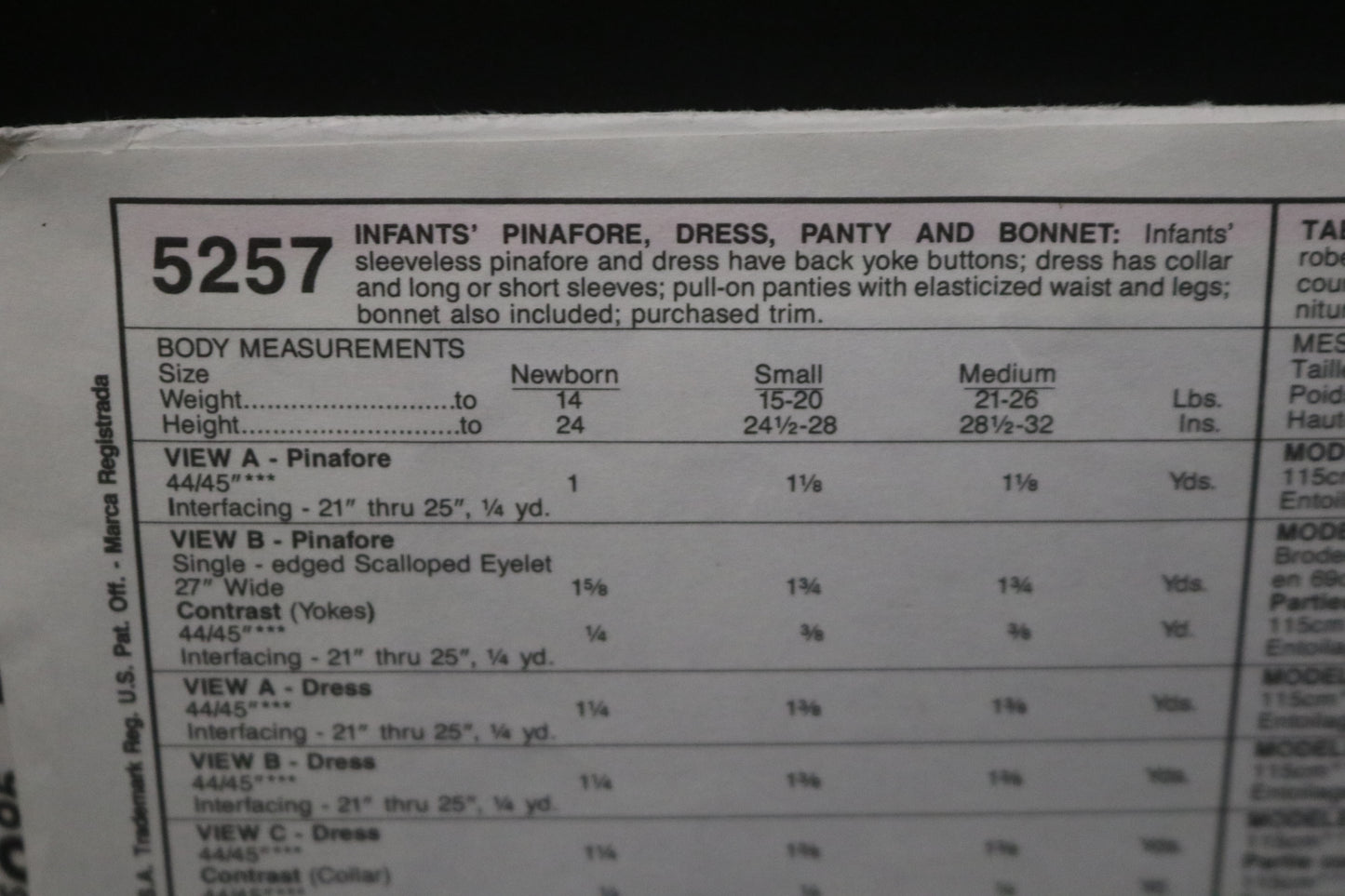 McCalls 5257 Infants Pinafore Dress, Panty and Bonnet Sewing Pattern - UNCUT - Size Nb S M