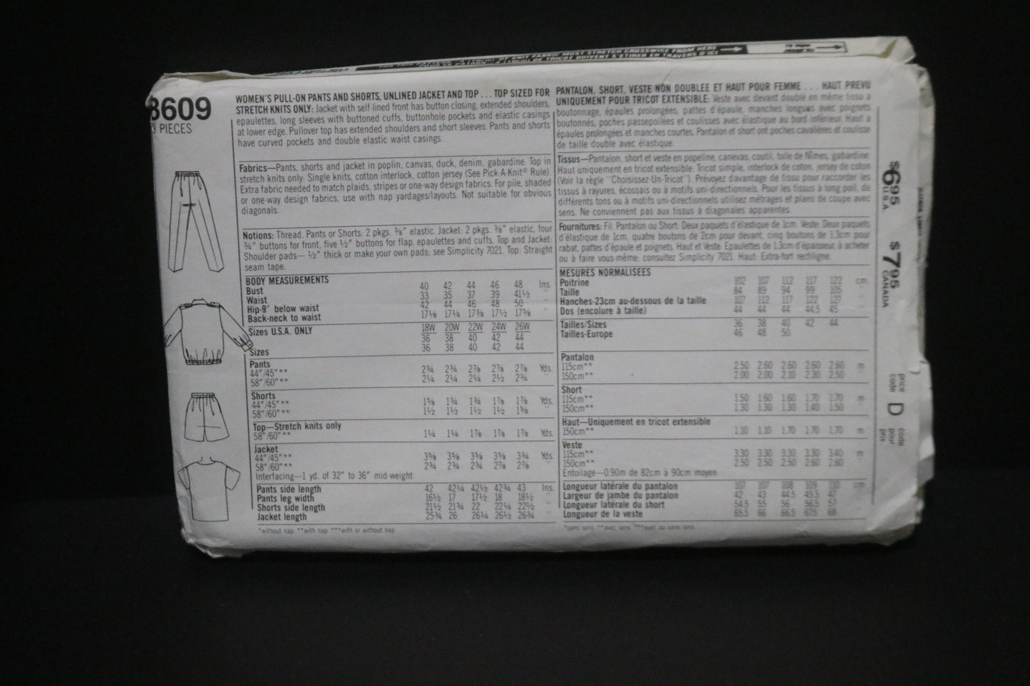 Simplicity 8609 Nancy Heller Womens Pull on Pants and Shorts, Unlined Jacket and Top Sewing Pattern UNCUT Size 18W 20W 22W