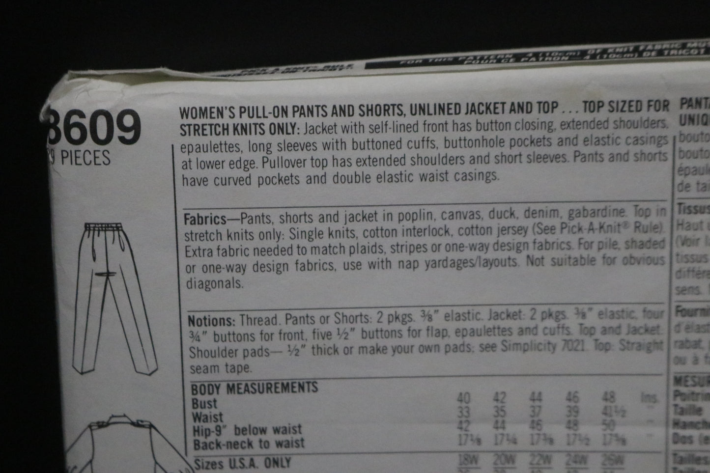 Simplicity 8609 Nancy Heller Womens Pull on Pants and Shorts, Unlined Jacket and Top Sewing Pattern UNCUT Size 18W 20W 22W