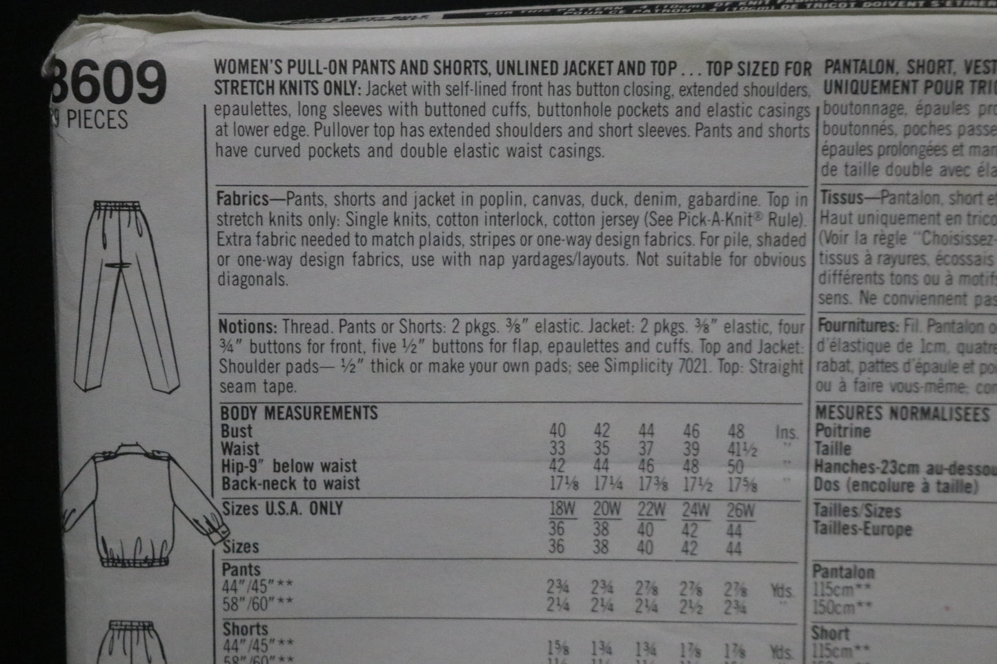 Simplicity 8609 Nancy Heller Womens Pull on Pants and Shorts, Unlined Jacket and Top Sewing Pattern UNCUT Size 18W 20W 22W
