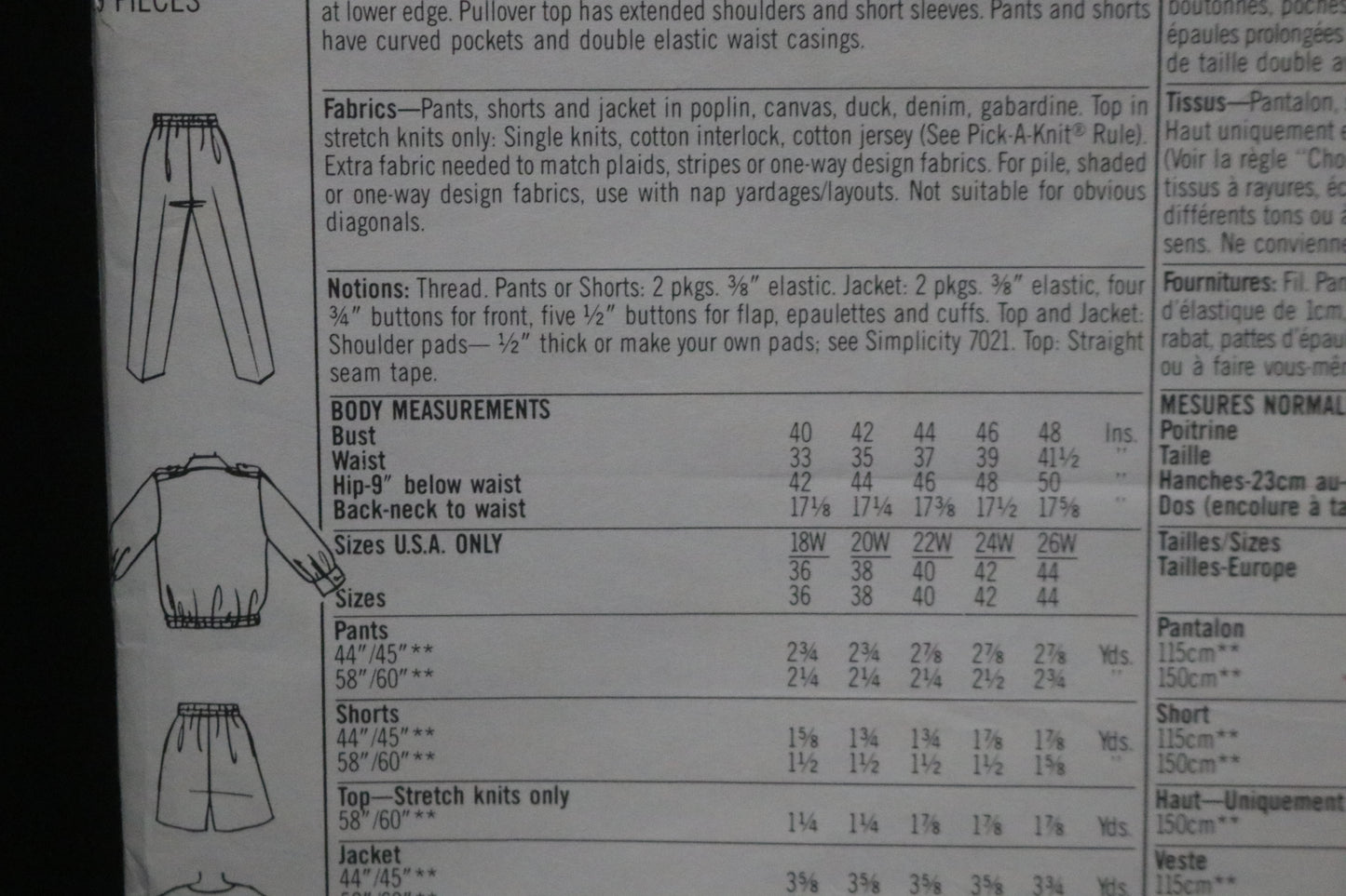 Simplicity 8609 Nancy Heller Womens Pull on Pants and Shorts, Unlined Jacket and Top Sewing Pattern UNCUT Size 18W 20W 22W