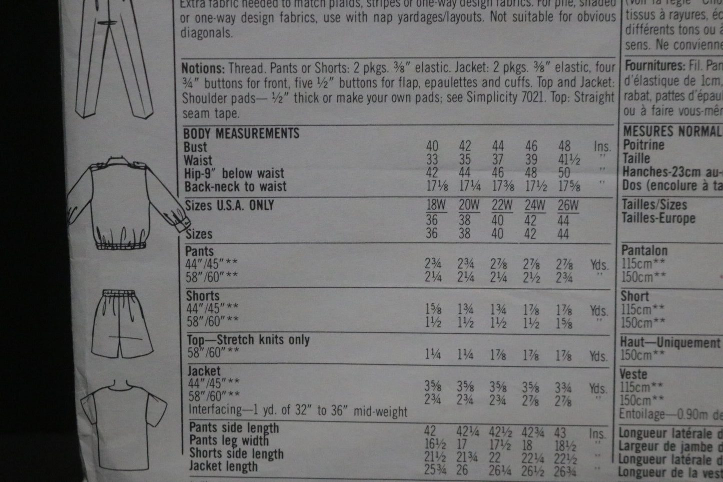 Simplicity 8609 Nancy Heller Womens Pull on Pants and Shorts, Unlined Jacket and Top Sewing Pattern UNCUT Size 18W 20W 22W