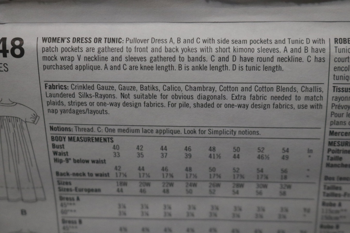 Simplicity 9548 Womens Dress or Tunic Sewing Pattern UNCUT  Size 18w - 24w