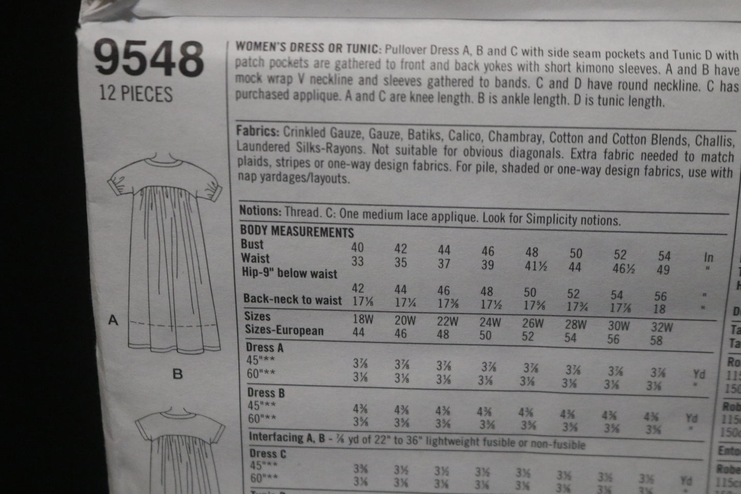 Simplicity 9548 Womens Dress or Tunic Sewing Pattern UNCUT  Size 18w - 24w