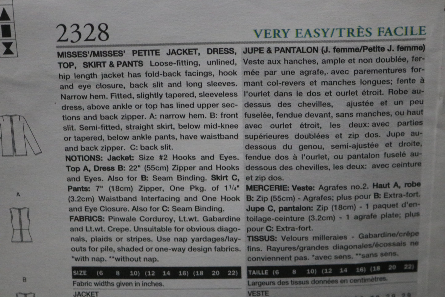 Vogue 2328 Misses / misses Petite jacket Dress Top Skirt and Pants Sewing Pattern - UNCUT - Size 18 20 22