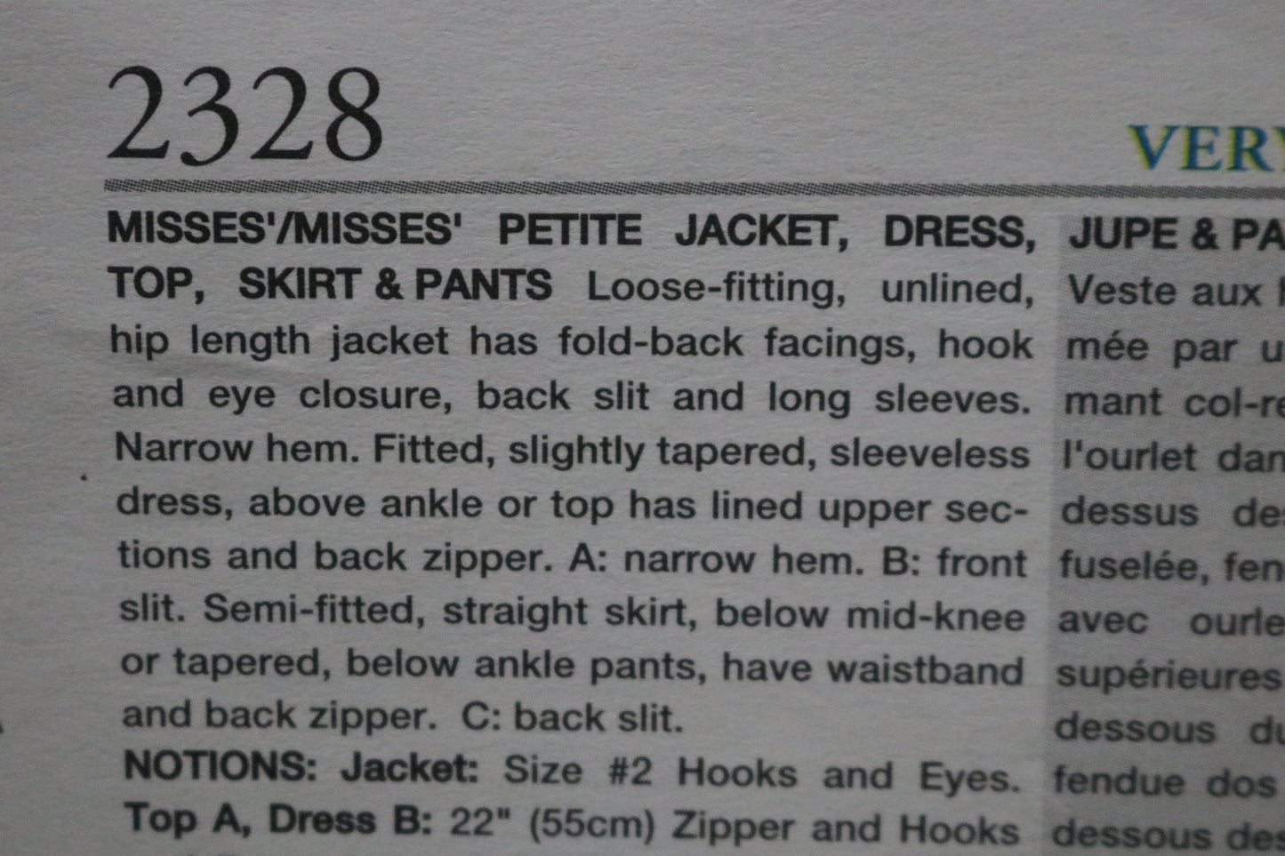 Vogue 2328 Misses / misses Petite jacket Dress Top Skirt and Pants Sewing Pattern - UNCUT - Size 18 20 22