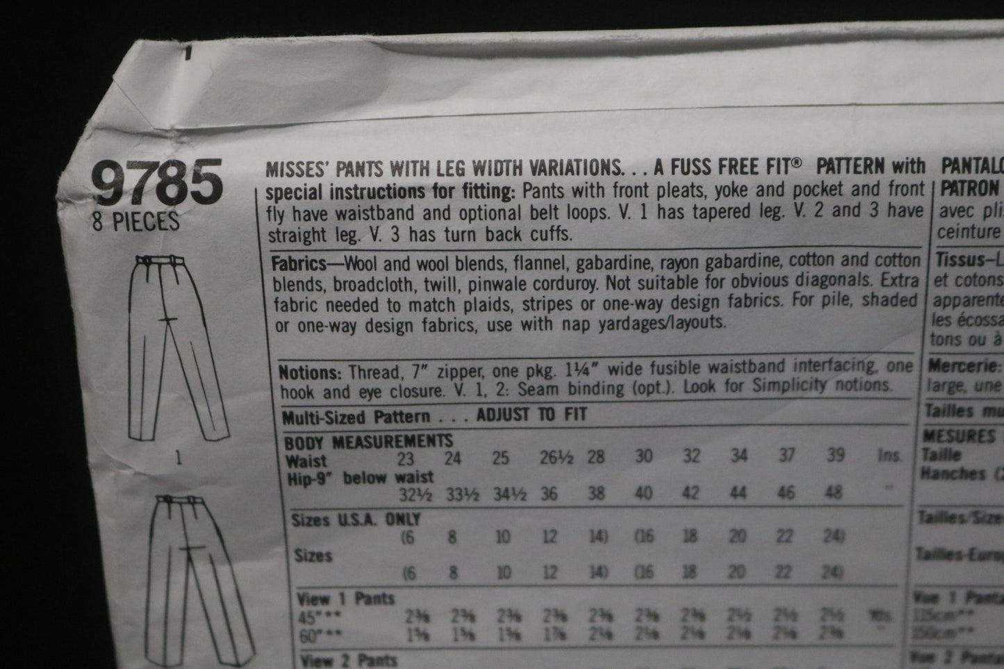 Simplicity 9785 Misses Pants with Width Variations Sewing Pattern UNCUT Size 6 - 14