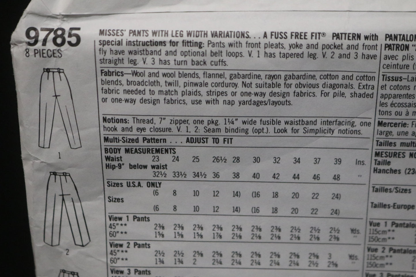 Simplicity 9785 Misses Pants with Width Variations Sewing Pattern UNCUT Size 6 - 14