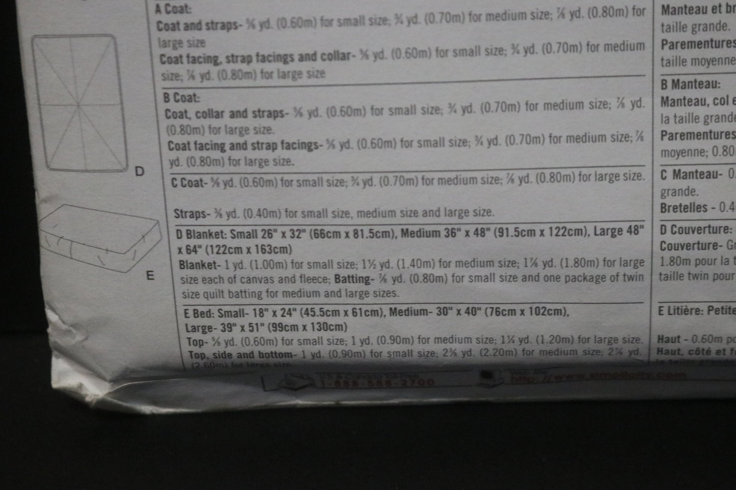 Simplicity 5219 Dog Beds and Blankets in Three Size and Coats in Small Medium and Large Sewing Pattern UNCUT Dog Bed Sewing Pattern